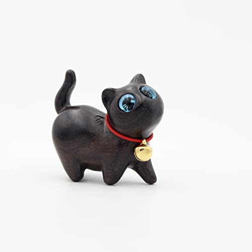 Green Sandalwood Hand Carved Wood Cat Statue, Modern Style, Lovely Gift Home Decor Figurine Table Decoration 【Ebony Lucky Cat】 - color: Fortune Cat Ebony
