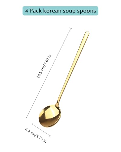 Korean Soup Spoons with Long Handles: 18/10 Stainless Steel 7.67'' Large Round Soup Spoons,4 Pack Asian Metal Dinner Spoon Set with Round Edge for Coffee,Desserts,Dishwasher Safe - size: 7.67 inch gold
