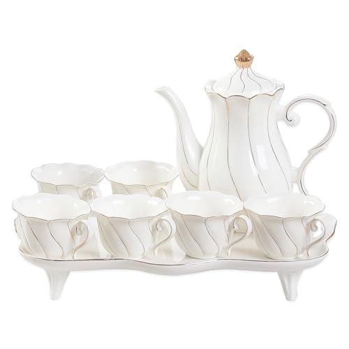 DUJUST 14 pcs Tea Set for 6 with Tea Tray & Spoons, Luxury British Style Coffee Cup Set with Golden Trim, Beautiful Porcelain Set for Living Room Decor, Tea Party Set, Gift Package - White - color: 14pcs tea set