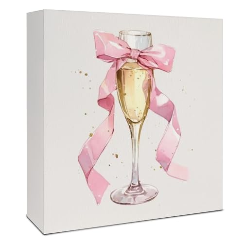 Pink Bow Champagne Flute Wooden Box Sign, Preppy Girly Room Decor Aesthetic, Pink Girly Wood Signs for Girls Room Dorm Apartment Desk Table Shelf Decor, 5x5 Inch - color: A-Pink Bow Champagne