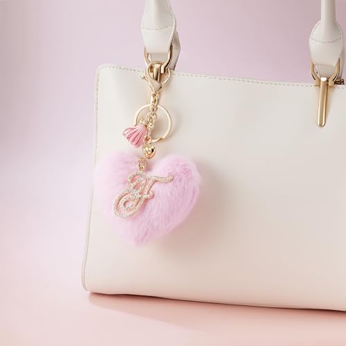 Initial Letter Heart Pom Pom Keychain for Women Pink Soft Fluffy Ball Key Ring for Purse Backpack Handbag - color: F