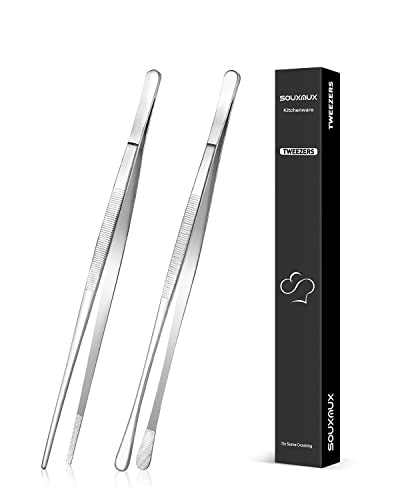 2 Pcs 10-inch Cooking Tweezers Tongs Precision Serrated Tips, Stainless Steel Professional Chef Tweezer Kitchen Tools for BBQ, Plating and Serving (Silver) - color: Silver, size: 10inch