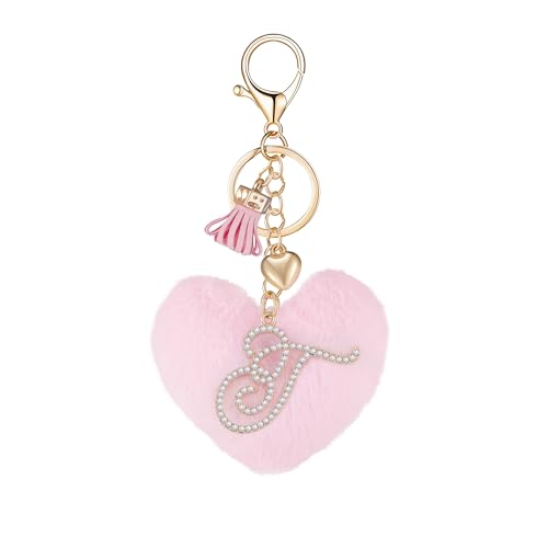 Initial Letter Heart Pom Pom Keychain for Women Pink Soft Fluffy Ball Key Ring for Purse Backpack Handbag - color: T