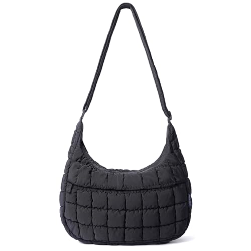Puffer Crossbody Hobo Bag for Women Nylon Quilted Purse Lightweight Shoulder Handbag with Adjustable Strap - color: 02-black