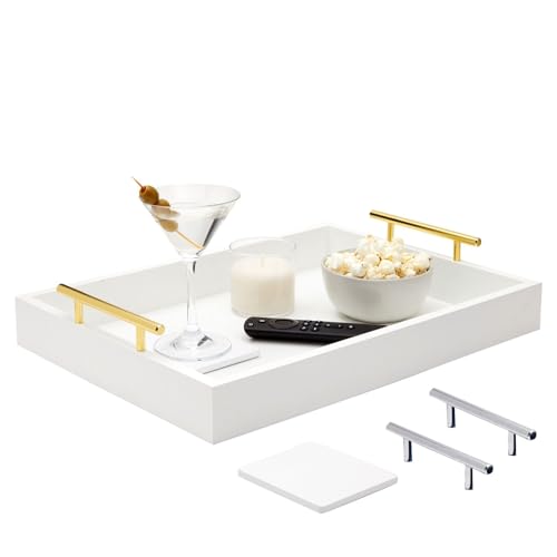 Juvale Ottoman Tray with Coasters & Interchangeable Gold & Silver Handles - 15.7" x 11.8" x 3.1" - White Rustic Wood Rectangular - Coffee Table Tray for Serving & Decorative Accents - color: White