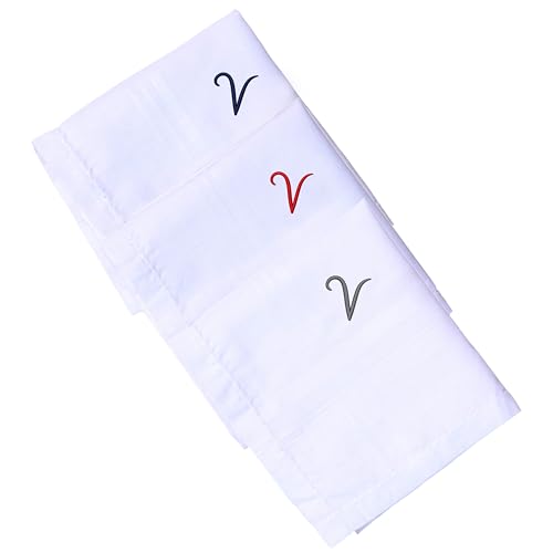Monogrammed Handkerchiefs for Men 3-Pack Cotton, White Hankies - color: V
