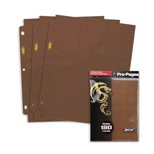 BCW Double-Sided 9-Pocket Pages Holder - 10 Brown Pages | Trading Card Binder Sheets | Secure Side Loading | Ideal Card Storage and Display Solution - color: Brown