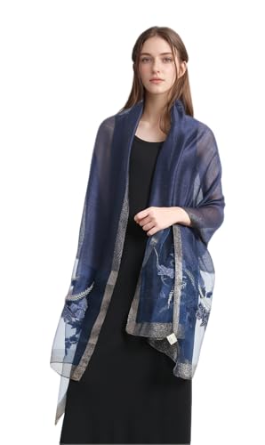 Jeelow Long Silk Blend Embroidered Floral Shawl Scarf Wrap for Women - color: Navy Flowers