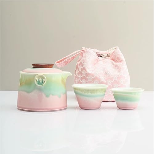 Hermit Life Chinese Travel Tea Set, Portable Ceramic Teapot for One to Two, Gongfu Tea Set with Color Gradient Design, 1 Pot 2 Cups, Gift for Tea Lovers (Pink&Pistachio Green) - color: Pink&Pistachio Green