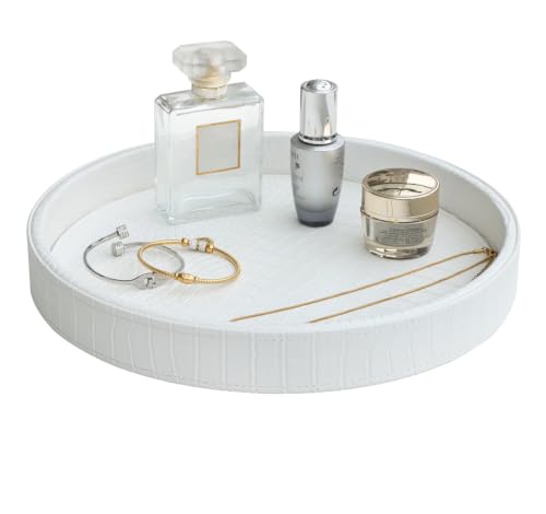 HofferRuffer Faux Leather Round Serving Tray, Vegan Croco Leather Decorative Food Tray for Storage Drinks, Snack & Cosmetics, Dia.12'' x 1.6'' (White Croco, 12'') - color: White Croco, size: 12"