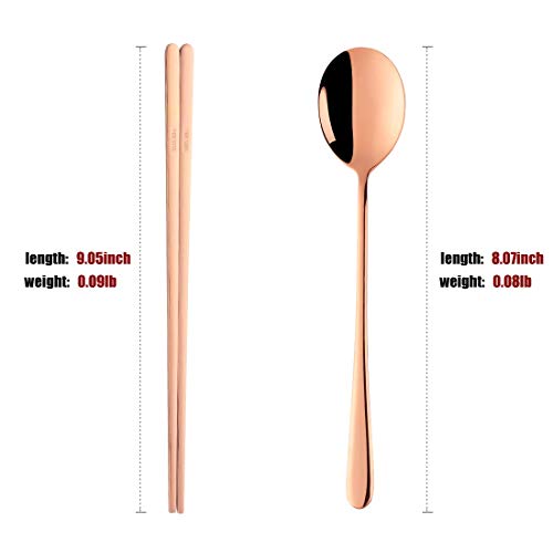 Buyer Star 4 Set Spoon Chopsticks, Rose Gold Reusable Metal Stainless Steel Korean Chopstix Spoon Set - color: rose gold-flat chopstick and spoon