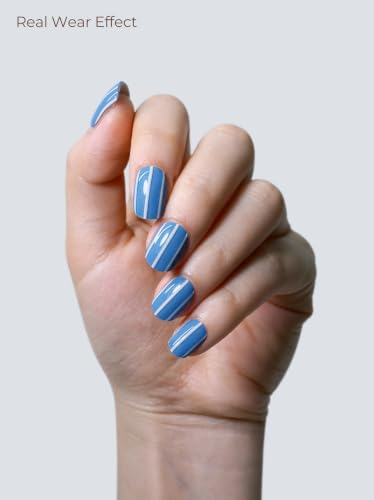 Real Gel Nail Strips (No UV Light Needed) - 44Pcs Salon Quality Nail Stickers - Long Lasting Polish Wraps for Women, Easy Apply & Remove (Coastal Blue Stripe) - color: Coastal Blue Stripe