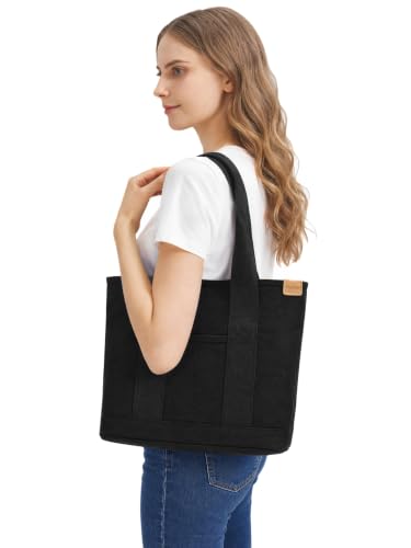 TeeYee 16oz Canvas Tote Bag Casual Multi Pocket Work Bag for Women - color: Blackm, size: Medium