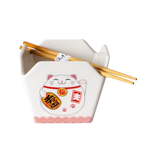 Urban Tokyo Chinese Takeout Box Style Porcelain Bowl With Chopsticks 18 fl oz Square Shape Rice Noodles Pasta To Go Box Shaped Bowl Microwave Dishwasher Safe (Lucky Cat) - color: Lucky Cat