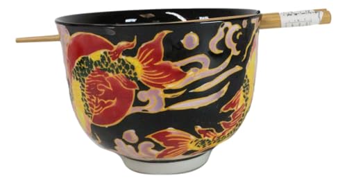 Ebros Gift Artistic Donburi Ramen Udon Noodles Soup Salad 5" D 18Oz Bowl With Bamboo Chopsticks And Built In Rest Set Asian Dining Kitchen Accent (Black Oriental Koi Fishes) - color: Black Oriental Koi Fishes