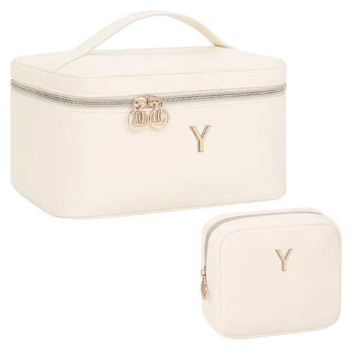 Custom Initial Cosmetic Bag 2‑Piece Set for Women Teen Girls, Beige Y - size: Y