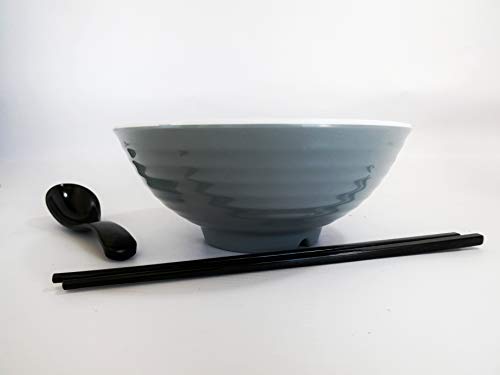 4 Ramen Bowls, 12 pieces Pho set. Gray White Asian Japanese soup. Utensil: Spoons And Chopsticks kit. Melamine. Large 37 oz. Noodles, Rice, Udon, Thai, Chinese, Korean, Wonton, Miso. - color: Gray White x4