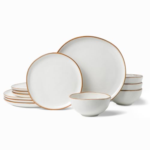 Stoneware Dinnerware Sets for 4, Reactive Glaze Plates and Bowls, White - color: White, size: Service for 4-12Pcs