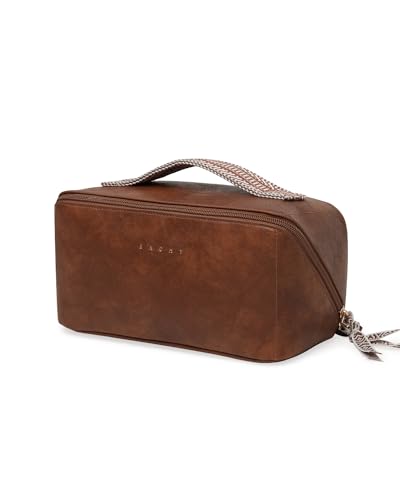 EACHY Travel Makeup Bag for Women, PU Leather Cosmetic Bag, Brown, Medium - color: C - Brown, size: Medium