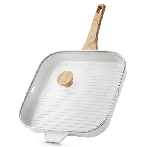 SENSARTE Nonstick Ceramic Grill Pan with Lid, Grill Pan for Stove Tops, Square Grilling Pan with Pour Spouts, Durable Grill Skillet for All Stoves, Steak Bacon Pan, Non Toxic PTFE,PFAS,PFOA Free - color: White Ceramic, size: 12 Inch