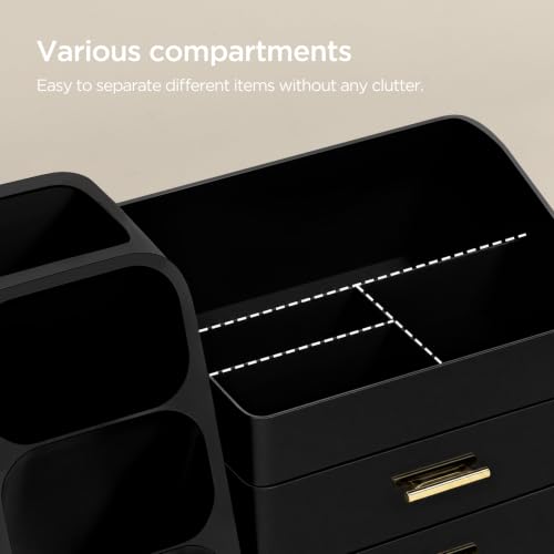 HBlife Desk Organizer with Pen Pencil Holder for Desk, Pen Organizer with 2 Drawers, Desk Organizers and Accessories with 4 Compartments, Desktop Storage for Office Home School Art Supplies, All Black - color: All Black