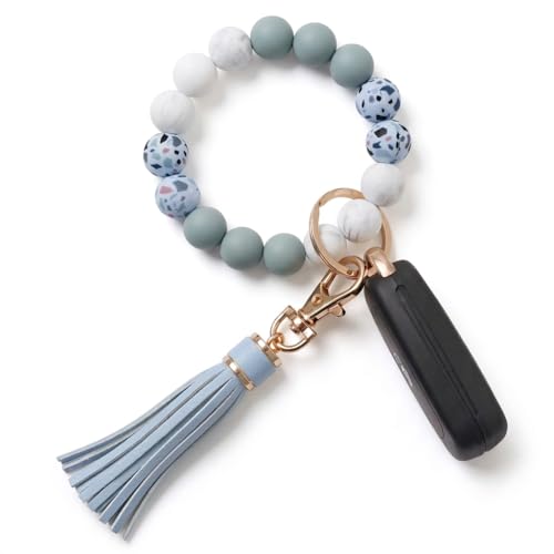 BIHRTC Key Ring Bracelet Car Keychain Holder Wristlet Silicone Women Beaded Bangle Chains - color: Light Blue
