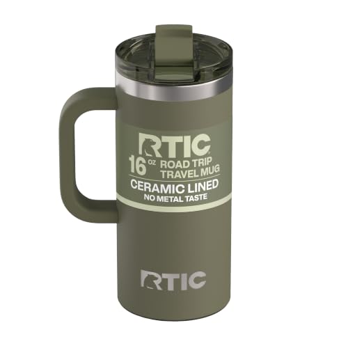 RTIC 16oz Road Trip Travel Mug with Lid and Handle, Ceramic Lined, Olive - color: Olive, size: 16 Ounces