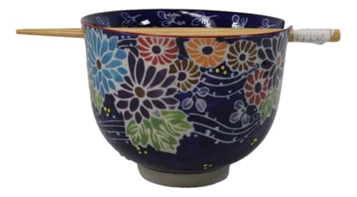 Ebros Gift Artistic Donburi Ramen Udon Noodles Soup Salad 5" D 18Oz Bowl With Bamboo Chopsticks And Built In Rest Set Asian Dining Kitchen Accent (Purple Colorful Flowers In The Wind) - color: Purple Colorful Flowers In The Wind