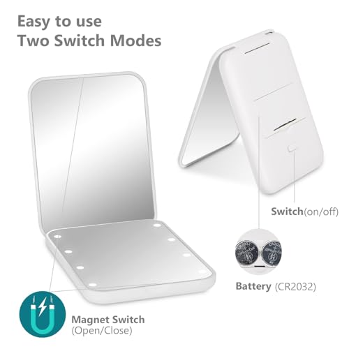 Kintion Pocket Mirror, 1X/3X Magnification LED Compact Mirror (White) - color: White