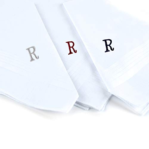 Initial Handkerchief for Men, Monogrammed Boxed 3 Piece Set,100% Cotton - color: R Initial