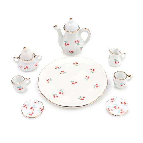 Miniature Tea Set 1/6 Scale Dollhouse Accessories Porcelain Cherry Pattern - color: Cherry