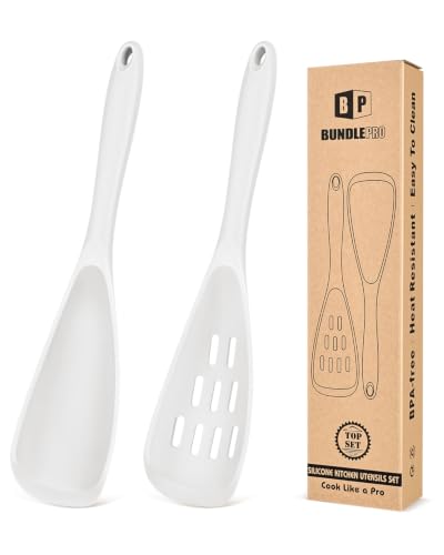 BUNDLEPRO Silicone Cooking Spoons for Nonstick Cookware, One-Piece, 2 Pack - color: White
