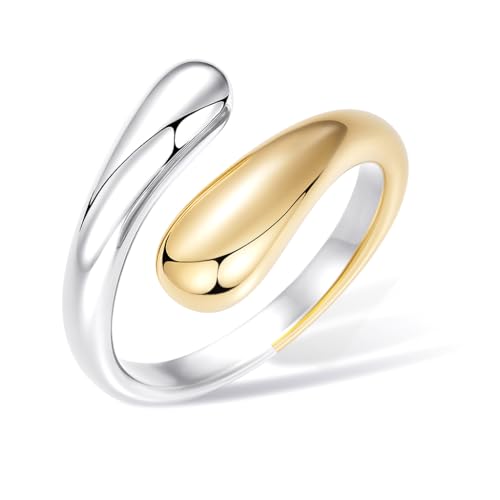 Non Tarnish Gold Chunky Rings for Women, 14K Gold Plated Statement Dome Rings Stacking Silver, Adjustable Mens Eternity Wedding Band Mixed Metal Jewelry Size 3-15 Half Size - color: Two Tone