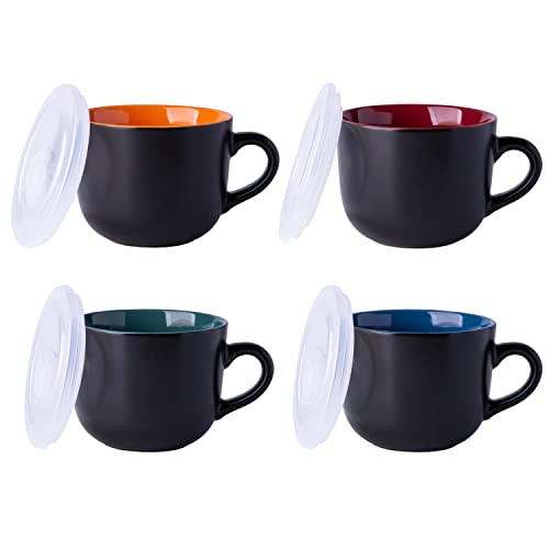 GBhome Ceramic Soup Mugs with Lid, 24 oz Soup Cups with Hanlde for Coffee,Cereal,Salad,Noodles,Tea,Soup Bowls Cups,Microwave &Dishwasher Safe, Set of 4, Multi-color with Vented lid - color: Multicolor