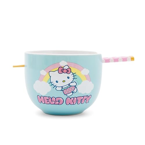 Silver Buffalo Sanrio Hello Kitty Rainbow Ceramic Ramen Dinnerware Set | Includes 20-Ounce Noodle Bowl and Wooden Chopsticks