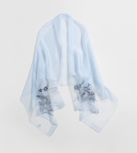 Jeelow Long Silk Blend Embroidered Floral Shawl Scarf Wrap for Women - color: Sky Blue Flowers