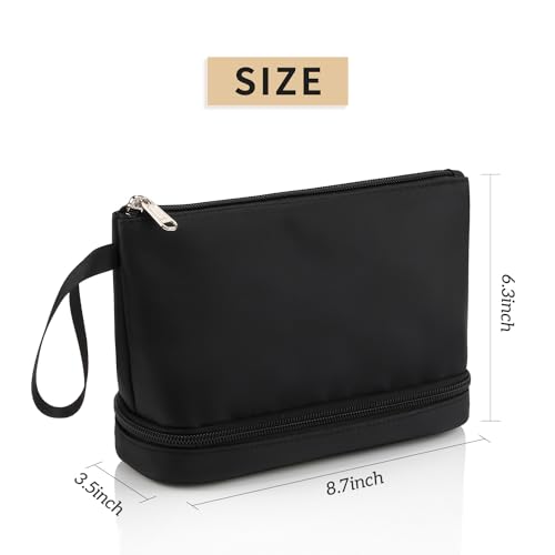 Small Makeup Bag 2 Layers Travel Cosmetic Bag with Makeup Brush Compartment - color: 02-nylon black
