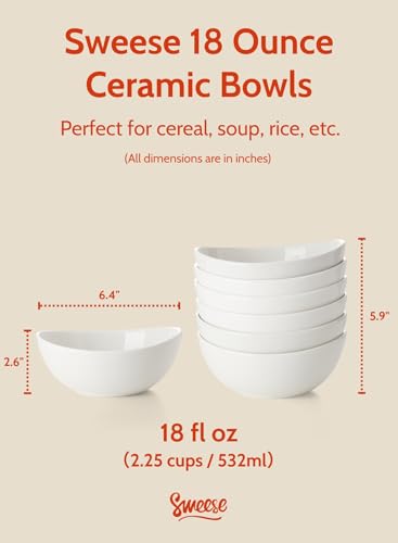 Sweese 18 oz Medium White Porcelain Bowls - Set of 6 Cereal, Soup, Rice & Salad Bowls, Ceramic Serving Bowls for Everyday Use - color: White, style: Medium (18 oz)