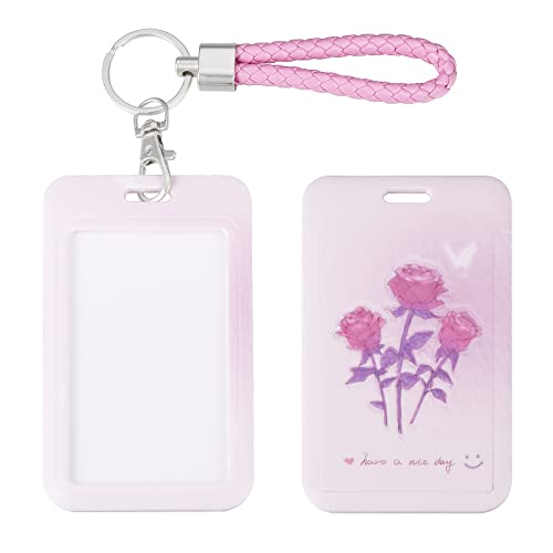 ID Card Badge Holder Key Chain with Metal Keyring, Plastic Slide Open with ID Window for Women Men Girls Students,Three Roses - color: 3 Roses