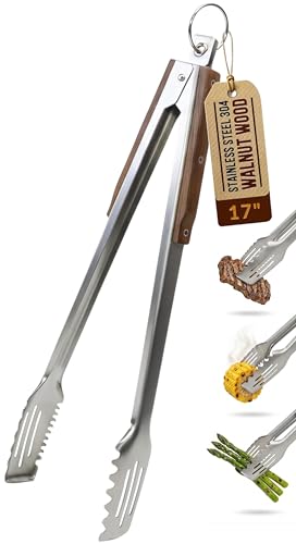 17-Inch Grill Tongs, Heavy Duty 304 Stainless Steel BBQ Tongs, Extra-Long Locking Grilling Tongs for Outdoor Grill & Smoker, Walnut Handle, Gift Pouch - color: Walnut Brown