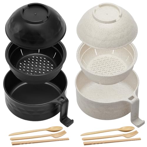 2 Sets Microwave Ramen Cooker Bowl Set with Spoon Chopsticks Fork Wheat Fiber Instant Noodle Bowl with Handles Ramen Kit for College Dorm Room Apartment Essentials - color: Black, Beige