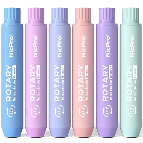Nicpro 6 Pack Rotary Retractable Erasers, Soft TPE Rubber Twist Eraser - color: Macaron
