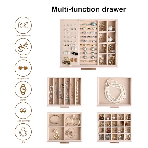 Frebeauty Jewelry Box for Women,Clear Lid Jewelry Organizer with 5 Drawers - color: Pink, size: 5 Drawer