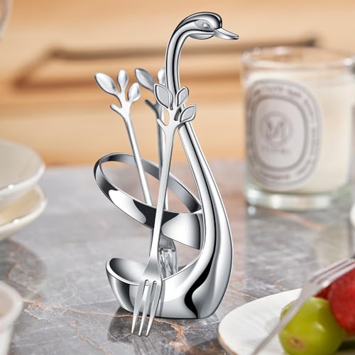 AnSaw Silver Swan Base Holder Set with 10 Pcs 4.7" Mini Leaf Spoon & Fork - color: Silver Swan