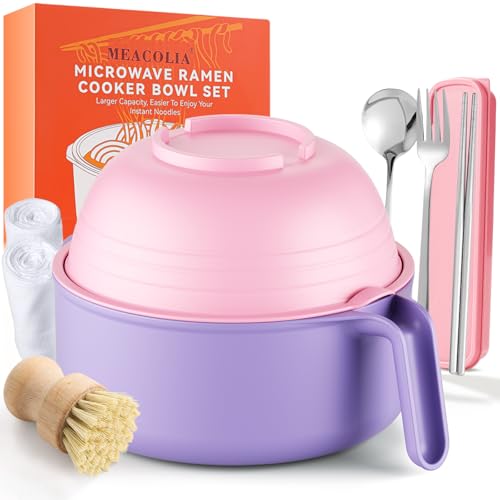 MEACOLIA Large Ramen Bowl Set, Microwave Noodle Pasta Cooker with Lid and Strainer, with Stainless Steel Chopsticks, Spoon, Fork, College Dorm Room Essentials for Girls for Boys (Pink) - color: Pink, size: 50 oz Ramen Bowl (with Travel Utensils)
