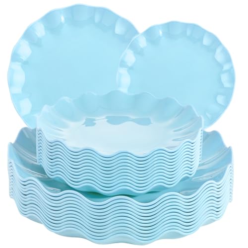 LIYH 24Pcs Light Blue Scalloped Plastic Plates Reusable For Party Events - color: Blue, size: 24(12 Guests)