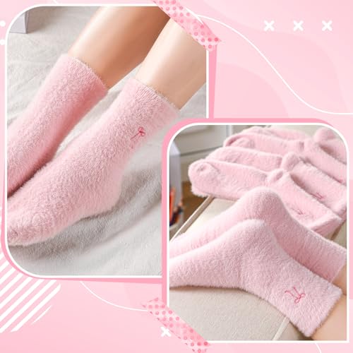 Geyoga 5 Pairs Fuzzy Bow Socks for Women Fluffy Slipper Gift - color: Pink