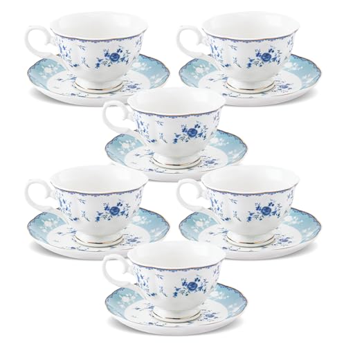 fanquare Blue Rose Porcelain Tea Cup and Saucer Set for 6 - color: Blue Rose tea cup set