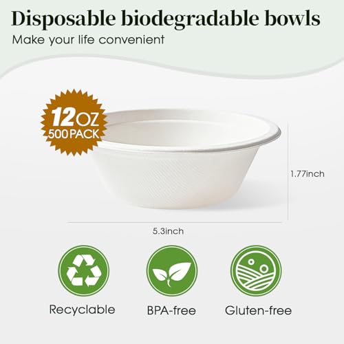 ECOLipak 500 Pack 12 oz Paper Bowls Disposable, Compostable Bowls, White - color: 500Pack-White