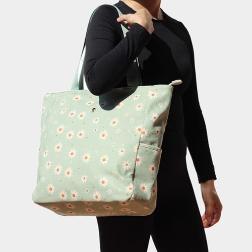 ESVAN Original Floral Water Resistant Large Tote Bag Shoulder Bag for Gym Beach Travel Daily Bags Upgraded - color: Corduroy Matcha Daisy